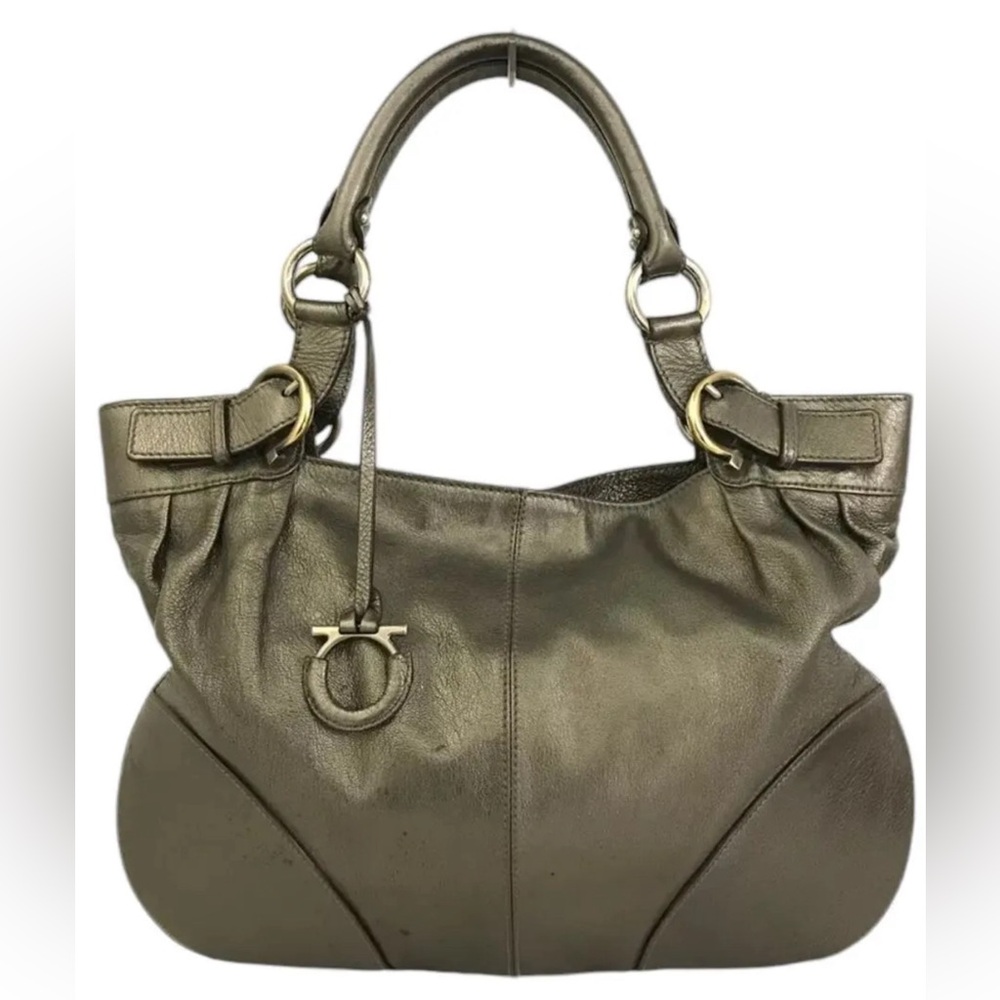 Salvatore Ferragamo Metallic Silver Leather Handbag, Authentic